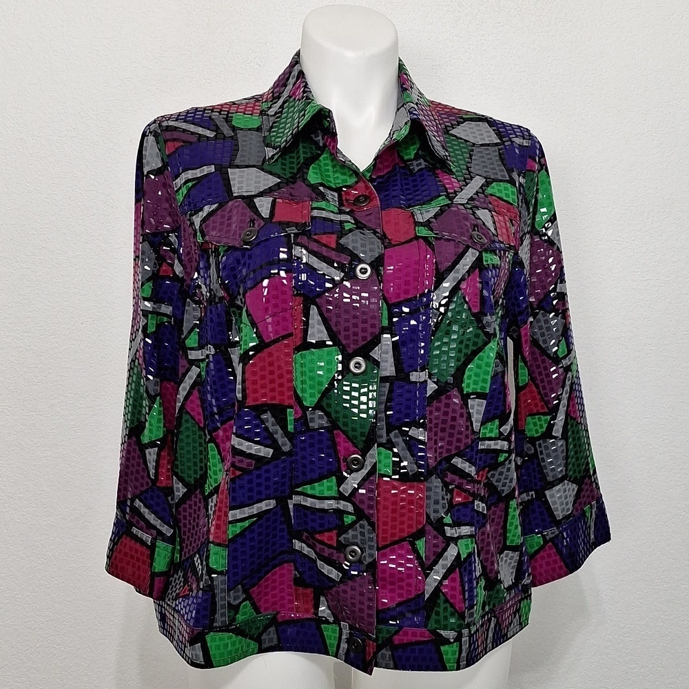 Ruby Rd. Multicolor Retro Artsy Button Front Colorblock Sequin Jacket Size 16W